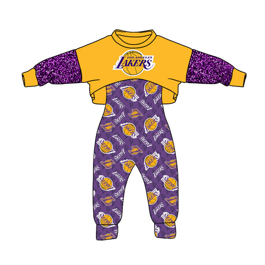 (Custom Design MOQ 5)  NO.22 Yellow Purple Football Team's Girls Jumpsuits Clothes Set