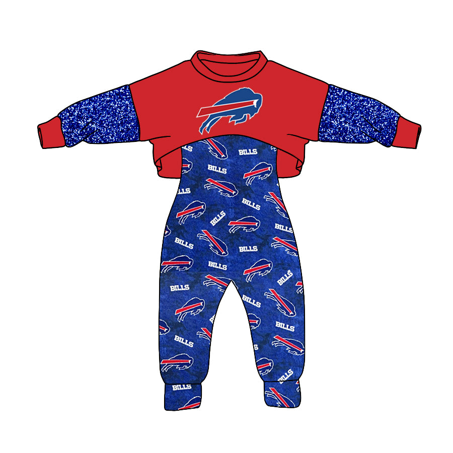 (Custom Design MOQ 5) NO.24 Red Blue Football Team's Girls Jumpsuits Clothes Set