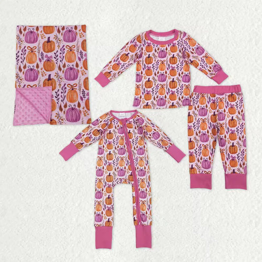 Hot Pink Pumpkin Flowers Bows Print Girls Fall Matching Clothes