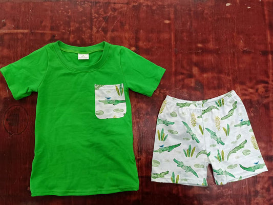 (Custom Design Preorder MOQ 5) Green Pocket Top Crocodile Shorts Boys Summer Clothes Set