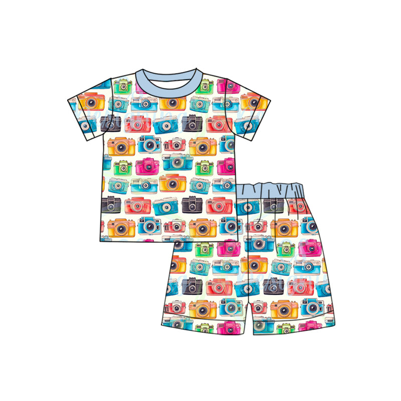 (Custom Design Preorder MOQ 5)   Camera Print Kids Summer Pajamas Clothes Set