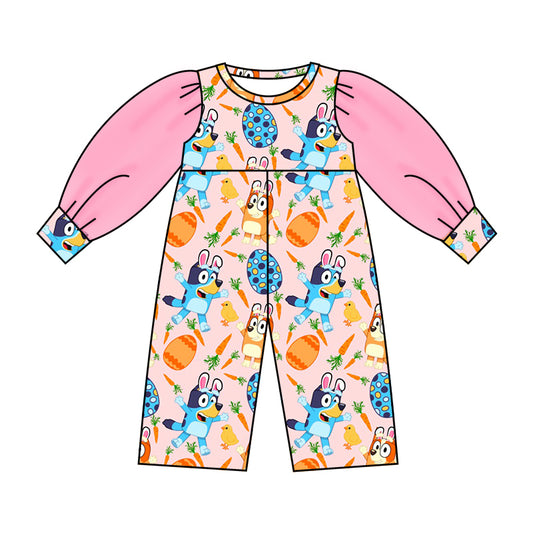 (Custom Design Preorder MOQ 5) NO.2 Cartoon Dog Carrot Print Tulle Sleeve Girls Easter Jumpsuit