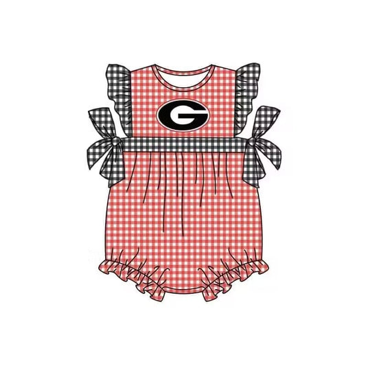 (Custom Design Preorder MOQ 5)  Team's G Red Plaid Print Baby Girls Summer Romper