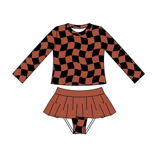 (Custom Design Preorder MOQ 5) Orange Plaid Print Girls 2 Pieces Long Sleeve Swimsuits
