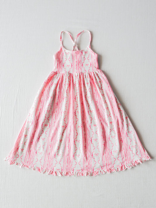 NO.3 (Custom Design Preorder MOQ 5) Hot Pink Bows Print Girls Ankle Length Summer Dress