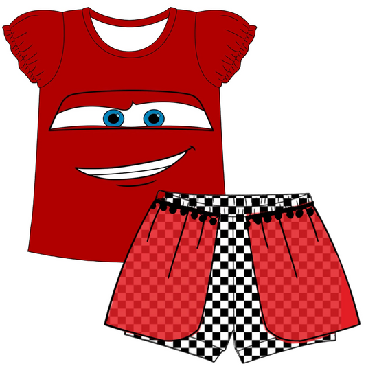 (Custom Design Preorder MOQ 5) Cartoon Car Print Girls Summer Clothes Set