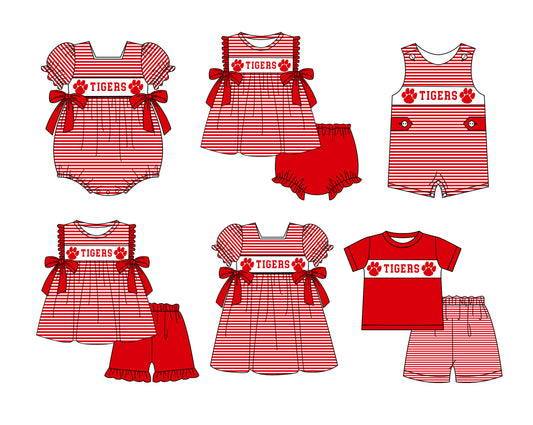 (Custom Design Preorder MOQ 5 Each Item) Team's Tigers Red Paw Print Kids Summer Matching Clothes Sibling Wear