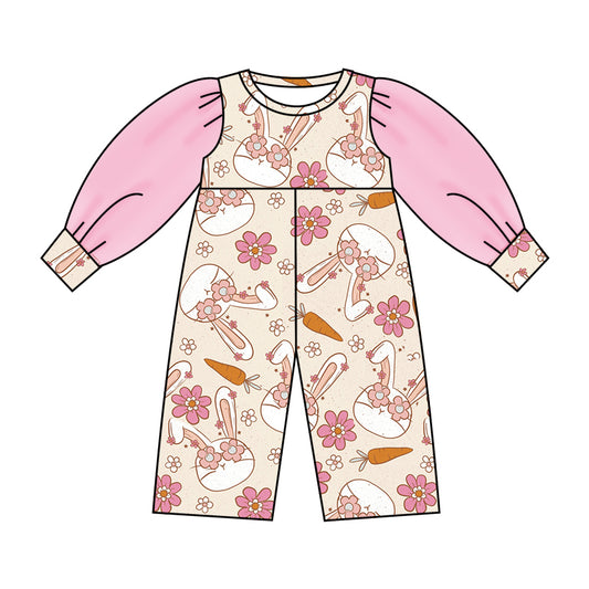 (Custom Design Preorder MOQ 5) NO.3 Bunny Flowers Print Tulle Sleeve Girls Easter Jumpsuit