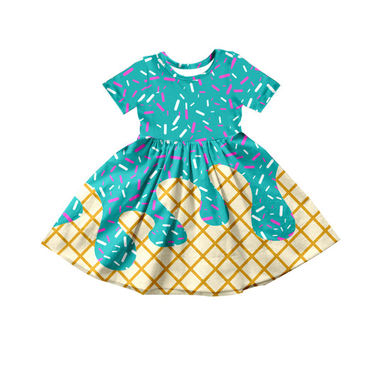 (Custom Design Preorder MOQ 5) Sprinkles Green Print Girls Summer Knee Length Dress