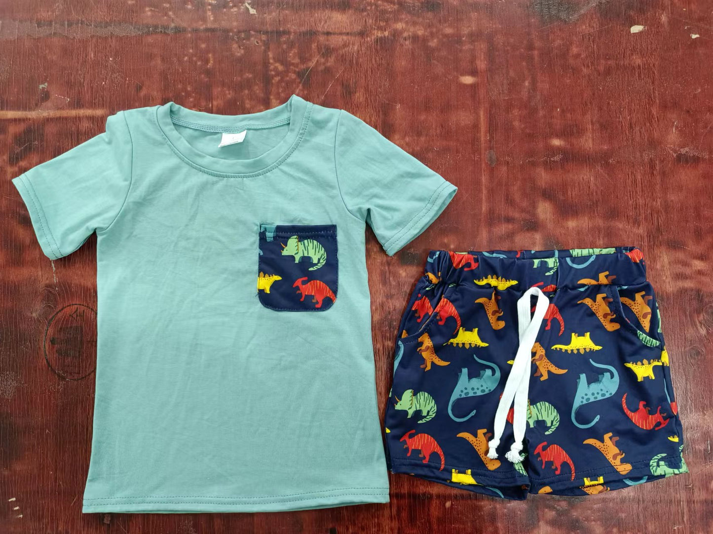 (Custom Design Preorder MOQ 5) Pocket Top Dino Shorts Boys Summer Clothes Set