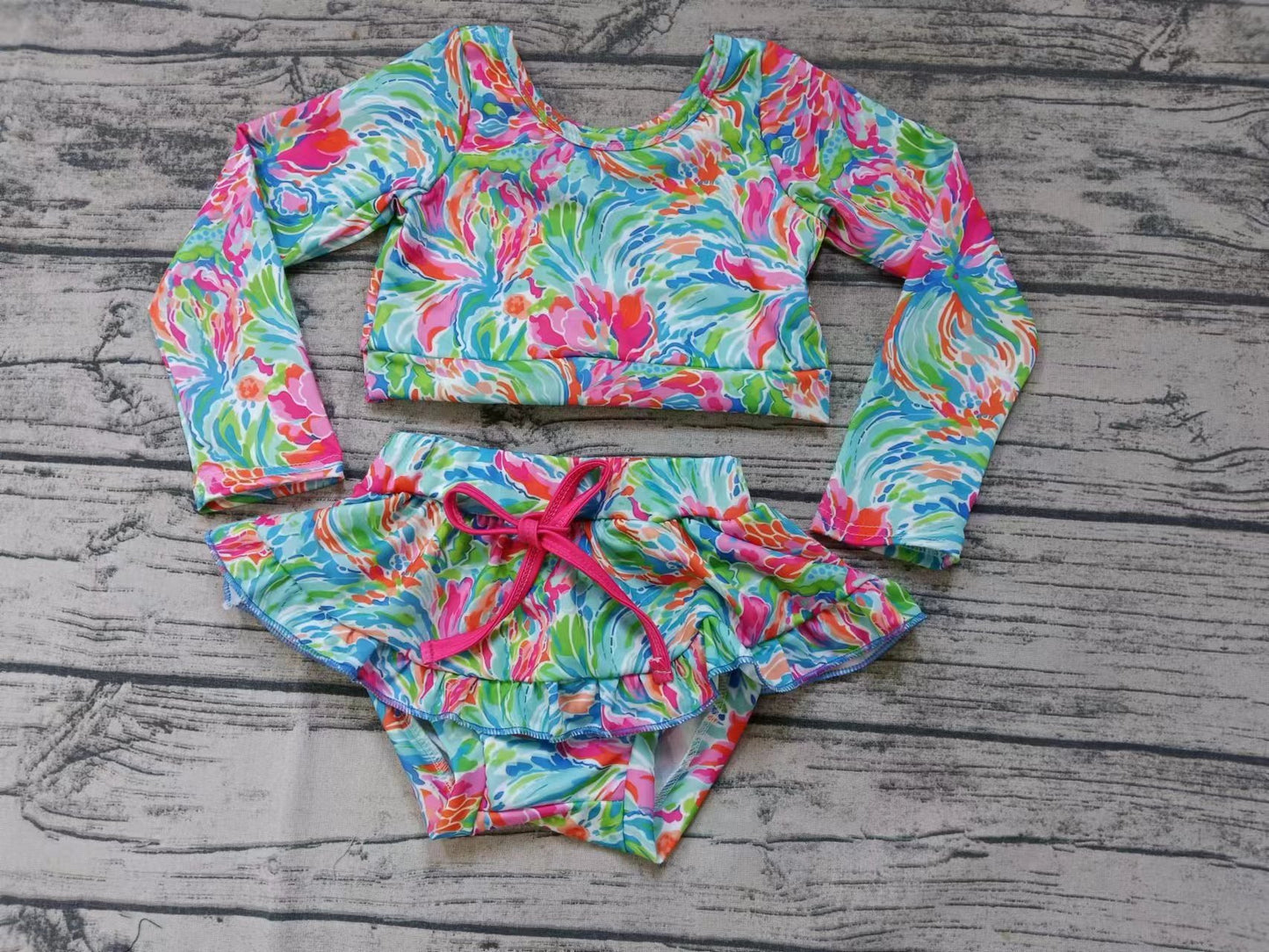 (Custom Design Preorder MOQ 5)  Colorful Flowers Print Girls 2 Pieces Long Sleeve Swimsuits