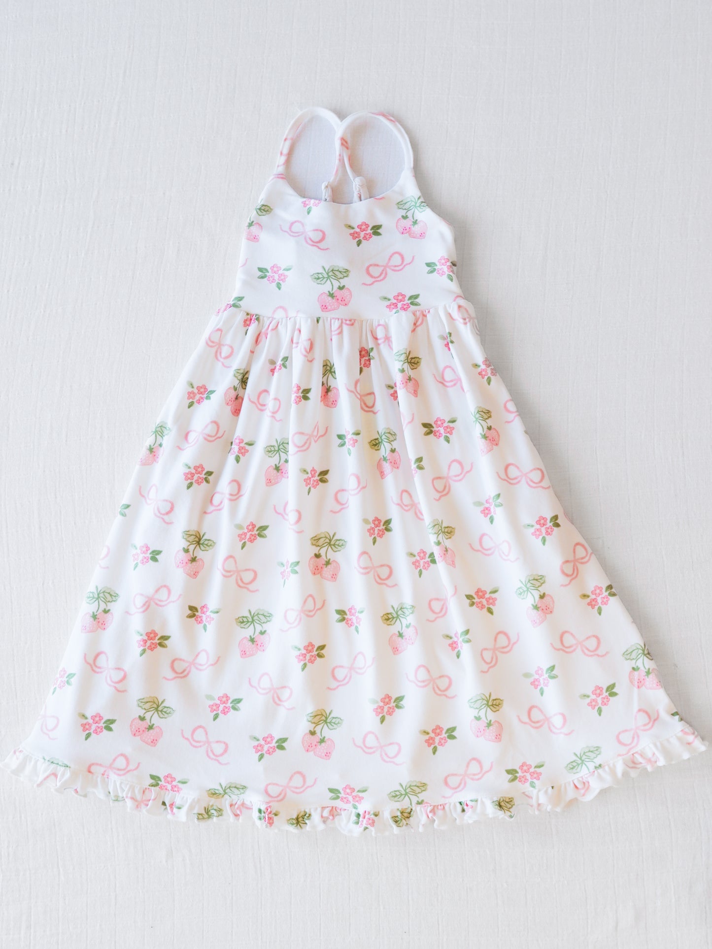 NO.4 (Custom Design Preorder MOQ 5) Pink Bows Strawberry Print Girls Ankle Length Summer Dress