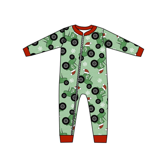 (Custom Design Preorder MOQ 5) Green Tractors Christmas Baby Zipper Romper