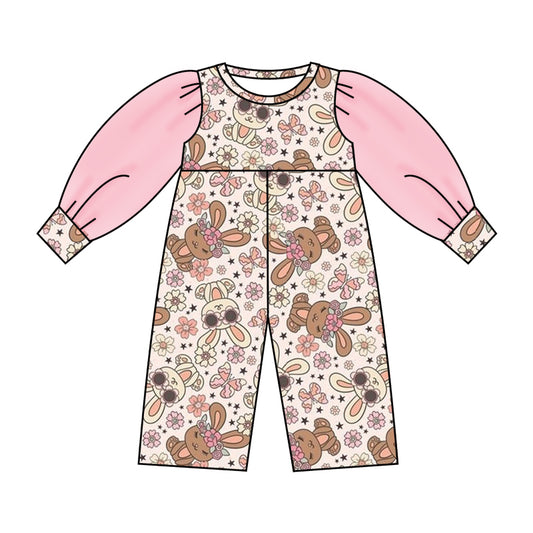 (Custom Design Preorder MOQ 5) NO.4 Bunny Flowers Butterfly Print Tulle Sleeve Girls Easter Jumpsuit