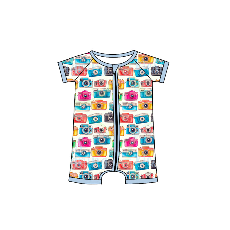 (Custom Design Preorder MOQ 5)  Camera Print Baby Summer Zipper Sleeper Romper