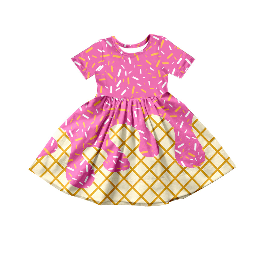 (Custom Design Preorder MOQ 5) Sprinkles Pink Print Girls Summer Knee Length Dress