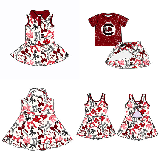 (Custom Design Preorder MOQ 5 Each Color) Team's CAROLINA Bows Print Girls Summer Clothes Sisters Matching Wear