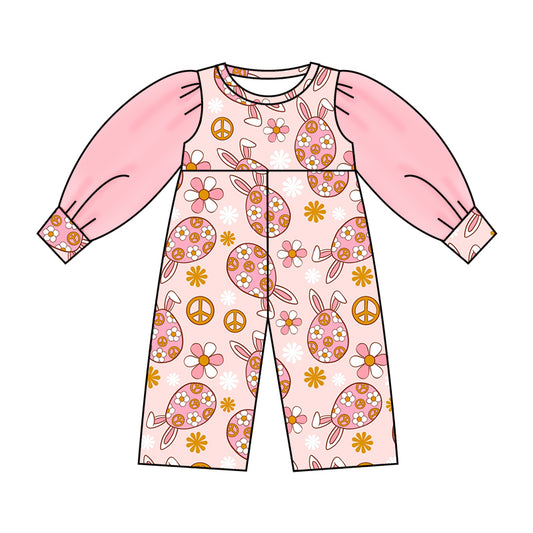 (Custom Design Preorder MOQ 5) NO.5 Flowers Egg Print Tulle Sleeve Girls Easter Jumpsuit