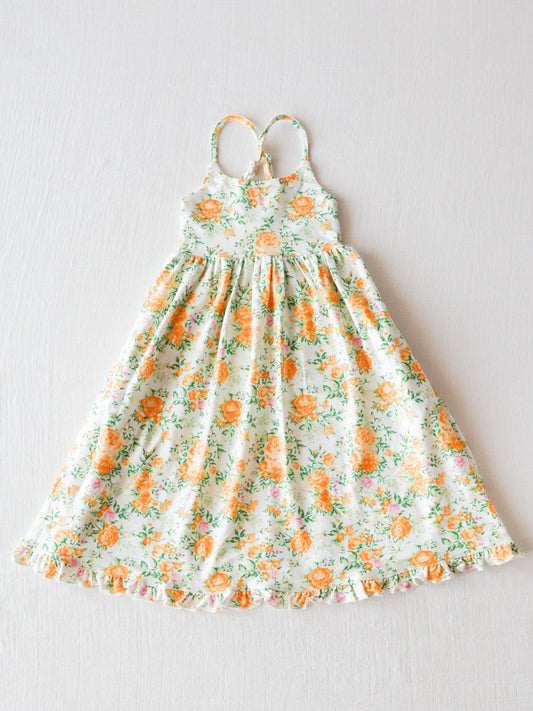 NO.5 (Custom Design Preorder MOQ 5) Orange Flowers Print Girls Ankle Length Summer Dress