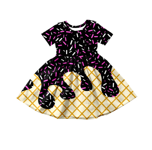 (Custom Design Preorder MOQ 5) Sprinkles Black Print Girls Summer Knee Length Dress