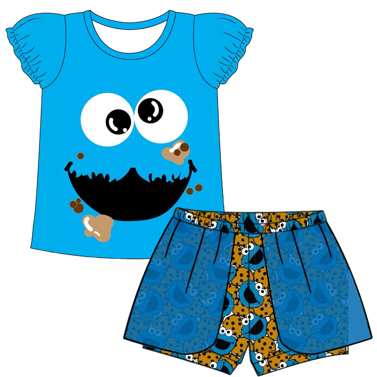(Custom Design Preorder MOQ 5) Cartoon Cookies Print Girls Summer Clothes Set