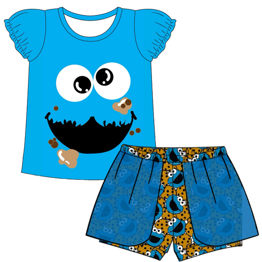 (Custom Design Preorder MOQ 5) Cartoon Cookies Print Girls Summer Clothes Set
