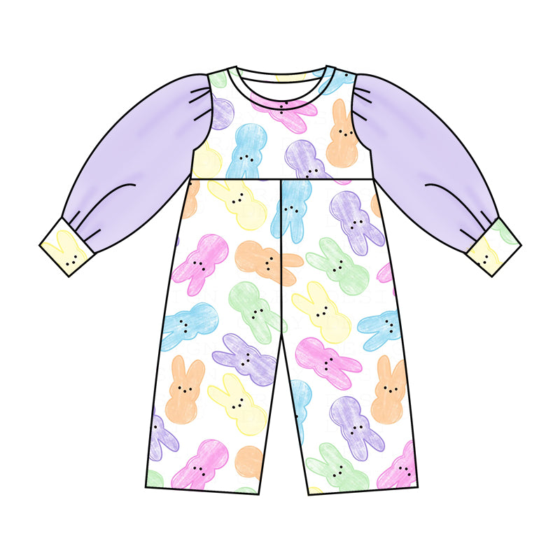 (Custom Design Preorder MOQ 5) NO.6 Colorful Bunny Print Tulle Sleeve Girls Easter Jumpsuit