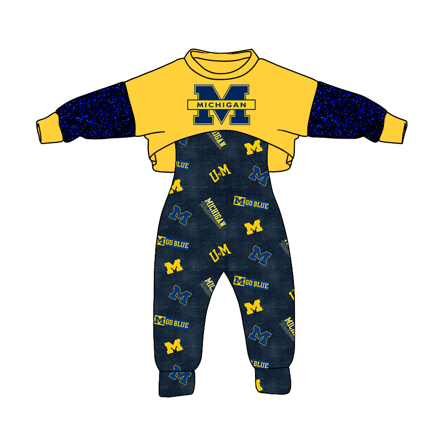 (Custom Design MOQ 5) NO.6 Navy Yellow Football Team's Girls Jumpsuits Clothes Set