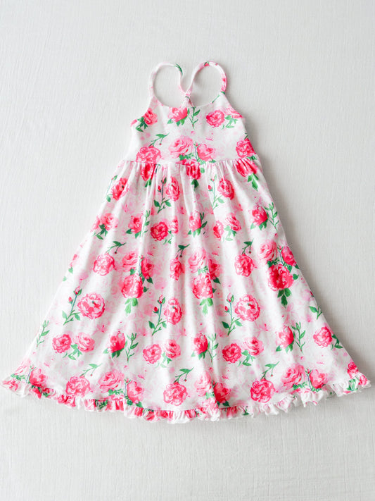 NO.6 (Custom Design Preorder MOQ 5) Hot Pink Flowers Print Girls Ankle Length Summer Dress