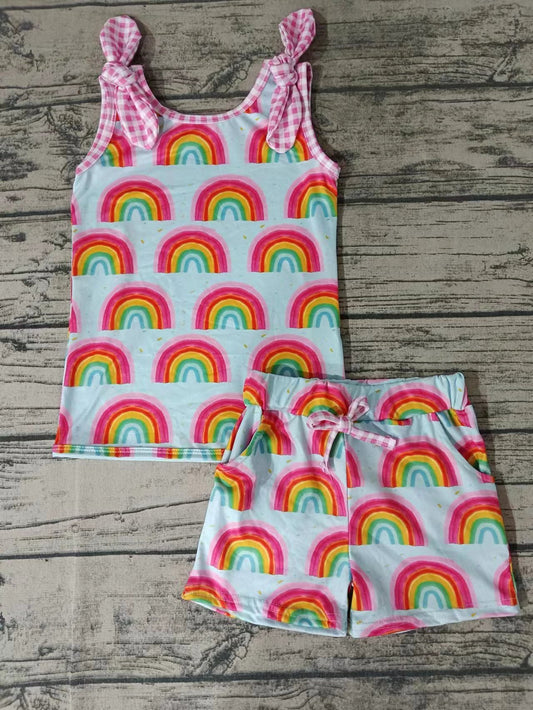 (Custom Design Preorder MOQ 5)  Rainbow Print Girls Summer Clothes Set