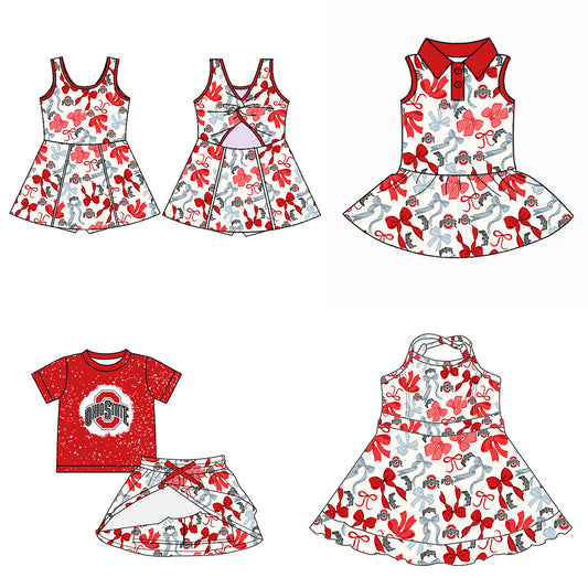 (Custom Design Preorder MOQ 5 Each Color) Team's OHIO STATE Bows Print Girls Summer Clothes Sisters Matching Wear