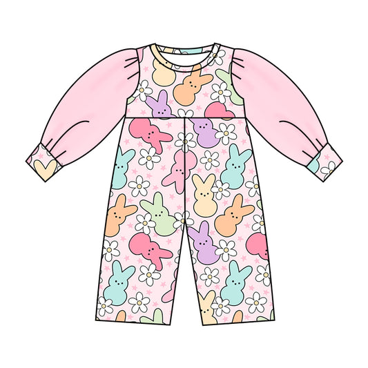 (Custom Design Preorder MOQ 5) NO.7 Colorful Bunny Flowers Print Tulle Sleeve Girls Easter Jumpsuit