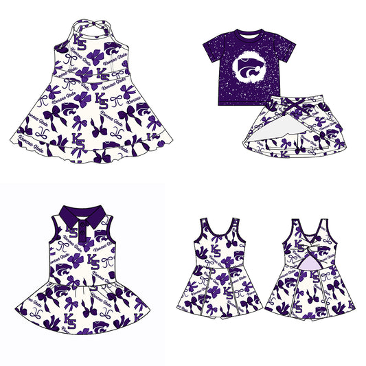 (Custom Design Preorder MOQ 5 Each Color) Team's Kansas State Bows Print Girls Summer Clothes Sisters Matching Wear
