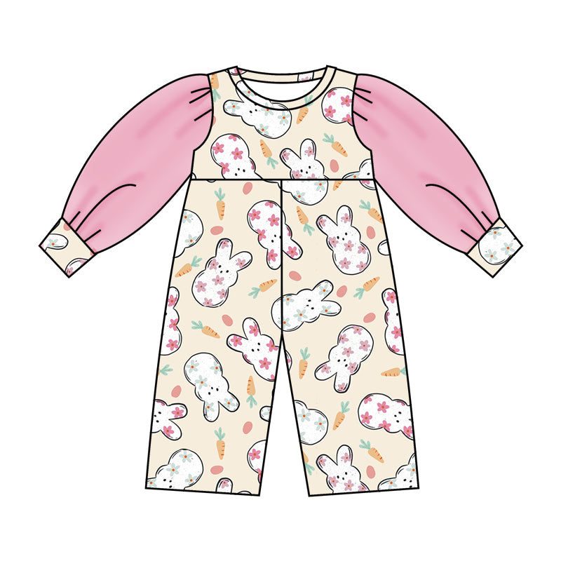 (Custom Design Preorder MOQ 5) NO.8 Bunny Flowers Print Tulle Sleeve Girls Easter Jumpsuit