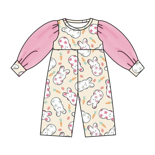 (Custom Design Preorder MOQ 5) NO.8 Bunny Flowers Print Tulle Sleeve Girls Easter Jumpsuit