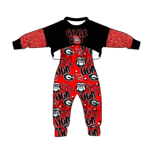 (Custom Design MOQ 5) Red Football Team's Girls Jumpsuits Clothes Set