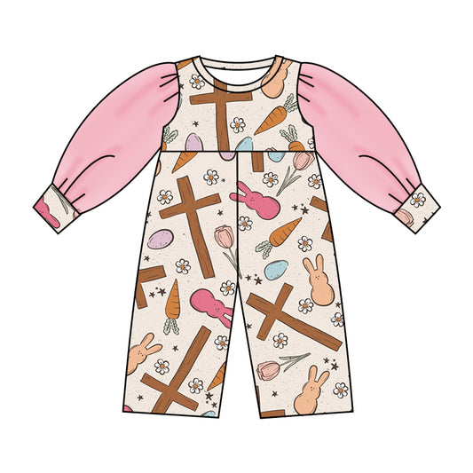 (Custom Design Preorder MOQ 5) NO.9 Bunny Flowers Cross Print Tulle Sleeve Girls Easter Jumpsuit