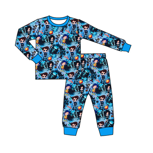 (Custom Design Preorder MOQ 5) Cartoon Coraline Blue Print Girls Halloween Pajamas Clothes Set