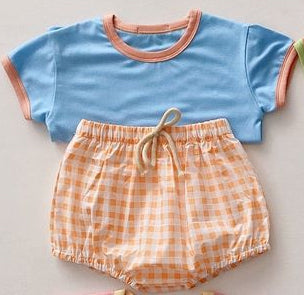 (Custom Design Preorder MOQ 5) Blue Top Orange Plaid Shorts Baby Summer Bummie Set