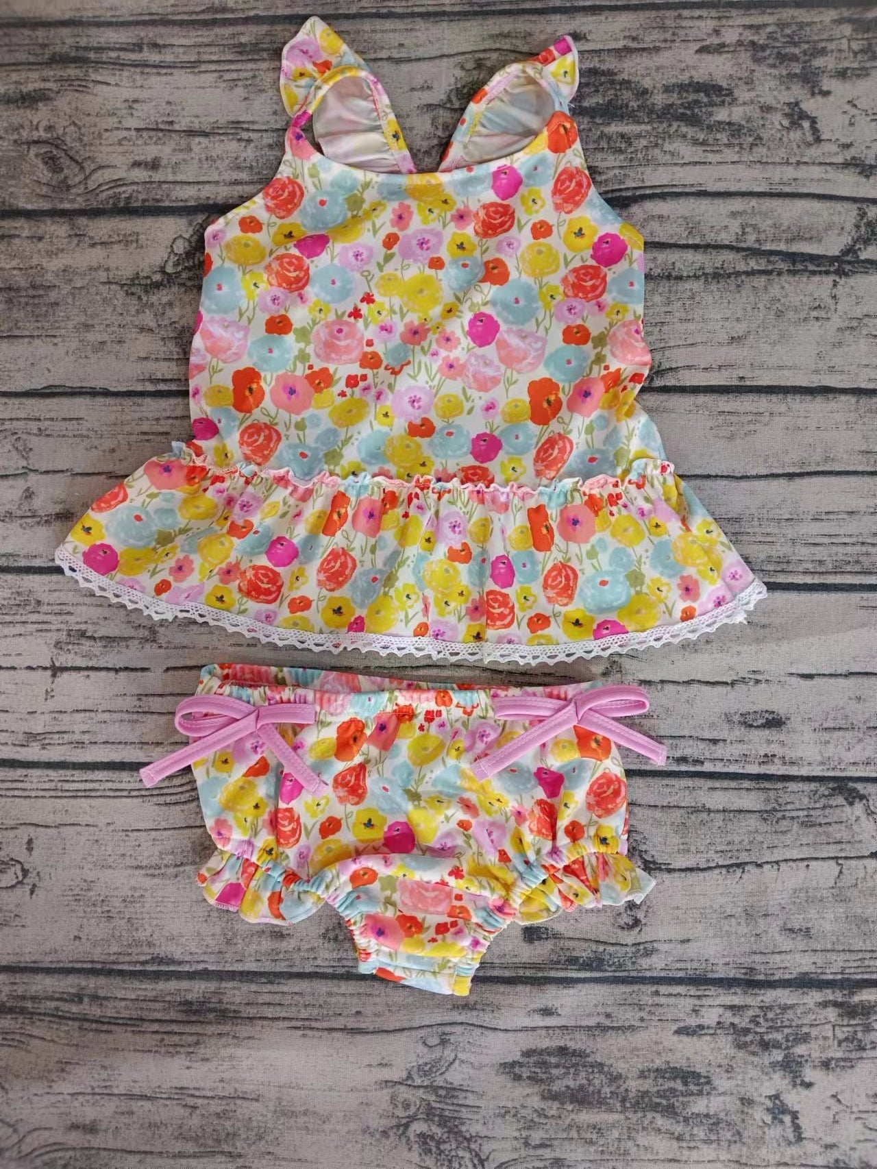 (Custom Design Preorder MOQ 5)  Colorful Flowers Print Girls 2 Pieces Swimsuits