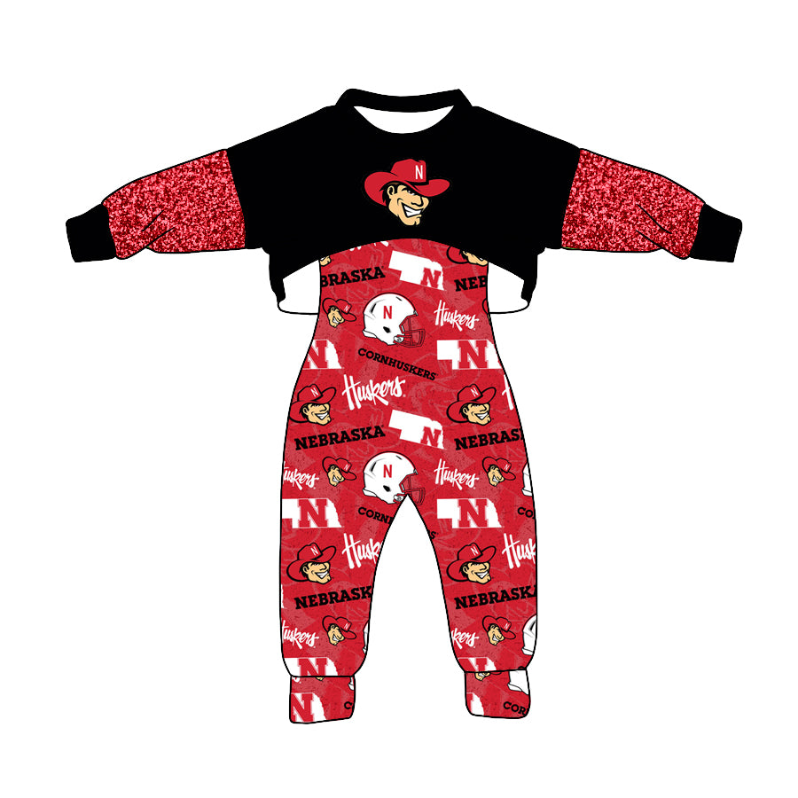 (Custom Design MOQ 5)Red N Football Team's Girls Jumpsuit Clothes Set