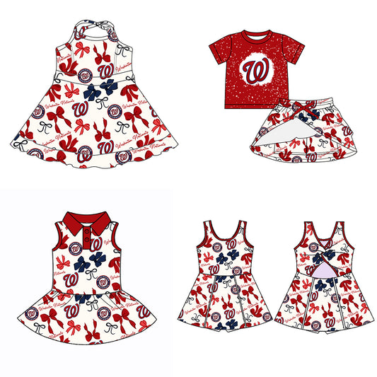 (Custom Design Preorder MOQ 5 Each Color) Team's WASHINGTON Bows Print Girls Summer Clothes Sisters Matching Wear