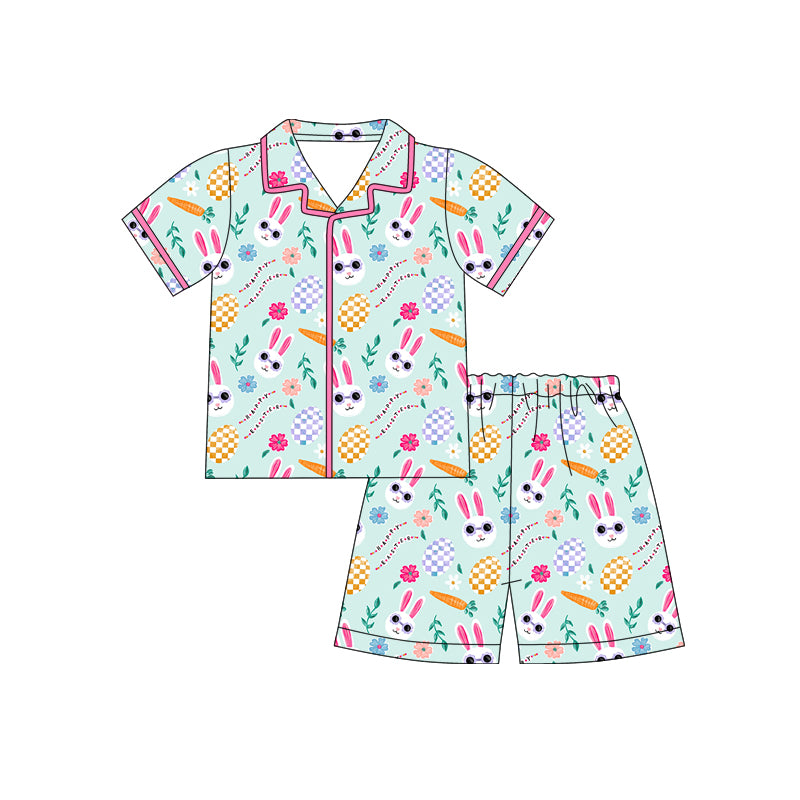12.10 (Custom Design Preorder MOQ 5) Bunny Eggs Flowers Print Girls Easter Buttons Pajamas Clothes Set