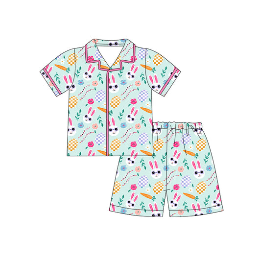 12.10 (Custom Design Preorder MOQ 5) Bunny Eggs Flowers Print Girls Easter Buttons Pajamas Clothes Set