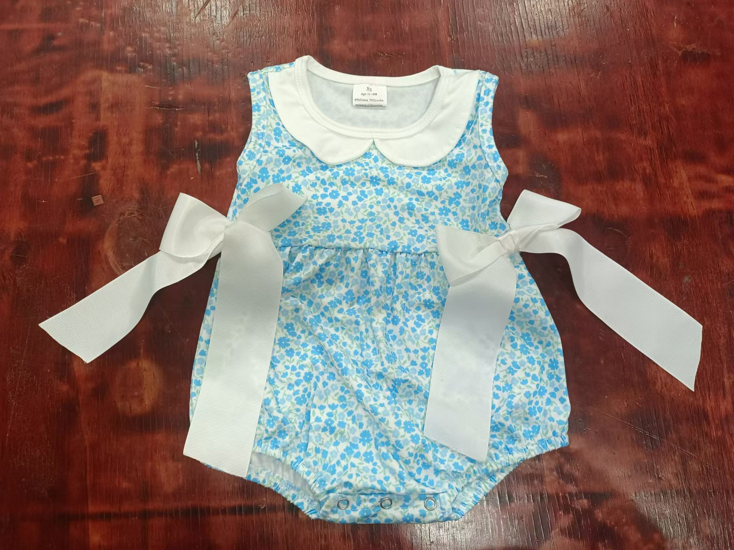 (Custom Design Preorder MOQ 5) Blue Flowers Print Baby Girls Summer Romper