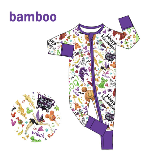 (Custom Design Preorder MOQ 20) Cartoon Character Print Baby Girls Halloween Long Sleeve Bamboo Sleeper Zipper Romper
