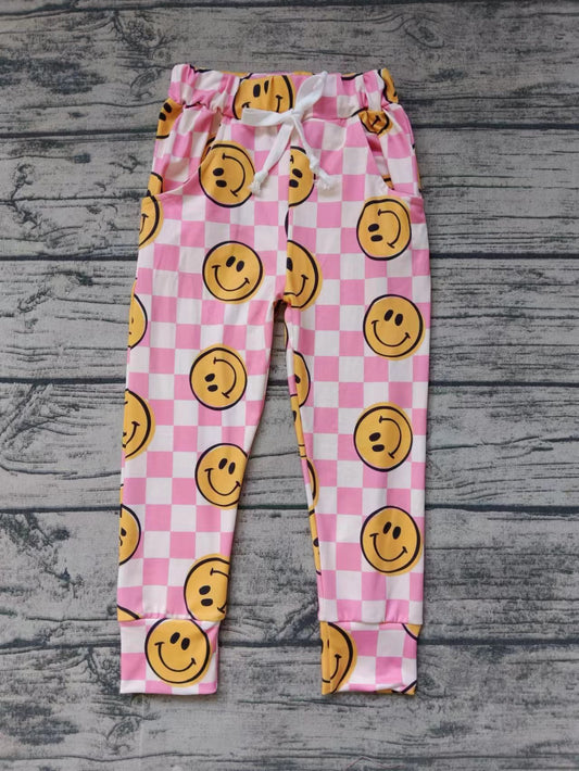 (Custom Design Preorder MOQ 5) Smiling Face Pink Plaid Print Girls Pants