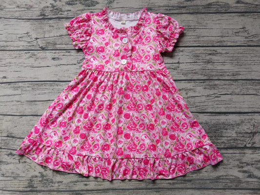 (Custom Design Preorder MOQ 5) Hot Pink Flowers Print Girls Knee Length Summer Dress