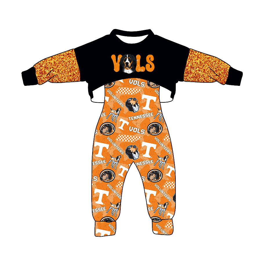 (Custom Design MOQ 5) Orange T Football Team's Girls Jumpsuit Clothes Set