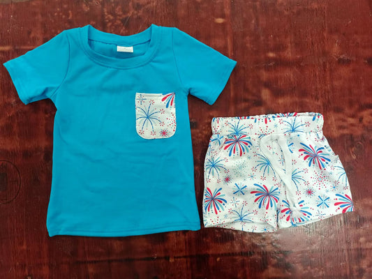 (Custom Design Preorder MOQ 5) Blue Pocket Top Fireworks Shorts Boys 4th of July Clothes Set